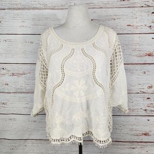 ULTRA PINK Cream Lace Embroidered Boho Women's Top Size Large